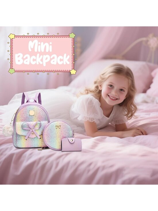 Women Glitter Purple PU Leather lightweight Fahsion 3-Piec Backpack Shoulder Bag